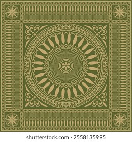 Vector gold with green classic Greek square ornament. Rectangle of Ancient Greece and Roman Empire. Byzantine painting of walls, floors and ceilings. Decoration of European palaces.
