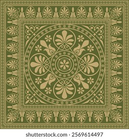 Vector gold with green classic Greek square ornament. Rectangle of Ancient Greece and Roman Empire. Byzantine painting of walls, floors and ceilings. Decoration of European palaces.
