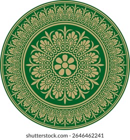 Vector gold with green classic Greek round ornament. Circle of Ancient Greece and the Roman Empire. Byzantine painting of walls, floors and ceilings. Decoration of European palaces.

