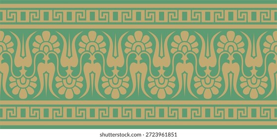 Vetor ouro e verde clássico sem emenda europeia nacional. Padrão étnico dos povos românicos. Fronteira, quadro da grécia antiga, império romano.