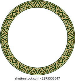 Vector gold and green Kazakh national round pattern, frame. Ethnic ornament of the nomadic peoples of Asia, the Great Steppe, Kazakhs, Kirghiz, Kalmyks, Mongols, Buryats, Turkmens