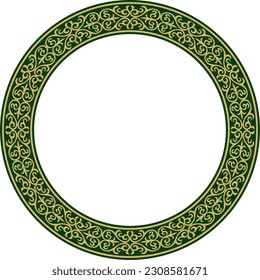 Vector gold and green Kazakh national round pattern, frame. Ethnic ornament of the nomadic peoples of Asia, the Great Steppe, Kazakhs, Kirghiz, Kalmyks, Mongols, Buryats, Turkmens