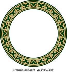 Vector gold and green Kazakh national round pattern, frame. Ethnic ornament of the nomadic peoples of Asia, the Great Steppe, Kazakhs, Kirghiz, Kalmyks, Mongols, Buryats, Turkmens