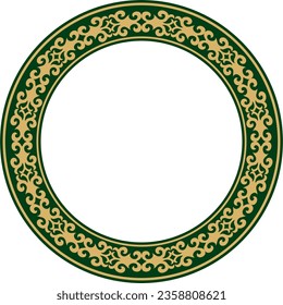 Vector gold and green Kazakh national round pattern, frame. Ethnic ornament of the nomadic peoples of Asia, the Great Steppe, Kazakhs, Kirghiz, Kalmyks, Mongols, Buryats, Turkmens