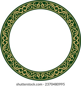 Vector gold and green Kazakh national round pattern, frame. Ethnic ornament of the nomadic peoples of Asia, the Great Steppe, Kazakhs, Kirghiz, Kalmyks, Mongols, Buryats, Turkmens