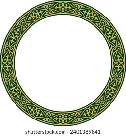 Vector gold and green Kazakh national round pattern, frame. Ethnic ornament of the nomadic peoples of Asia, the Great Steppe, Kazakhs, Kirghiz, Kalmyks, Mongols, Buryats, Turkmens