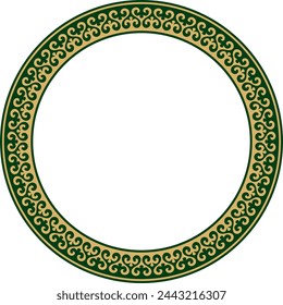 Vector gold and green Kazakh national round pattern, frame. Ethnic ornament of the nomadic peoples of Asia, the Great Steppe, Kazakhs, Kirghiz, Kalmyks, Mongols, Buryats, Turkmens