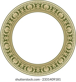 Vector gold and green round classic renaissance ornament. Circle, ring european border, revival style frame.
