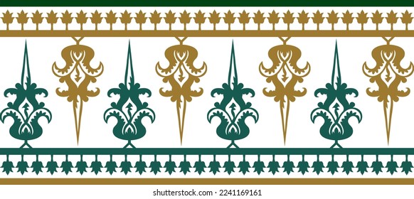 Vector gold and green seamless byzantine ornament. Endless Border, frame of ancient Greece and Eastern Roman Empire. Decoration of the Russian Orthodox Church.
