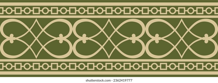 Vector gold and green seamless classic renaissance ornament. Endless european border, revival style frame.
