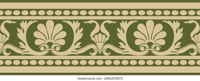 Vector gold and green seamless classic renaissance ornament. Endless european border, revival style frame.
