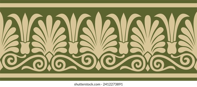 Vector gold and green seamless classic greek ornament. Endless European pattern. Border, frame Ancient Greece, Roman Empire.
