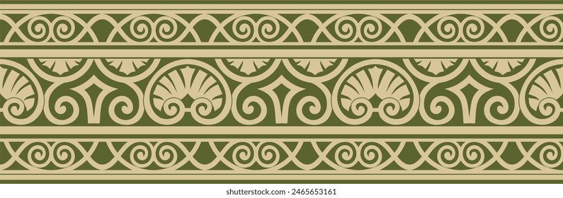 Vector gold and green seamless classic renaissance ornament. Endless european border, revival style frame.
