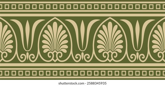 Vector gold and green seamless classic greek ornament. Endless European pattern. Border, frame Ancient Greece, Roman Empire.
