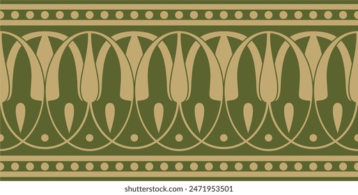 Vector gold and green seamless classical Greek meander ornament. Pattern of ancient Greece. Border, frame of the Roman Empire.
