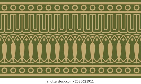 Vector gold and green seamless classical Greek meander ornament. Pattern of ancient Greece. Border, frame of the Roman Empire.
