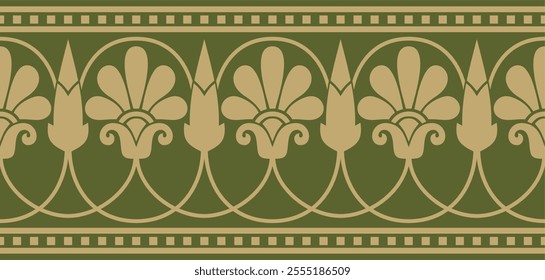 Vector gold and green seamless classical Greek meander ornament. Pattern of ancient Greece. Border, frame of the Roman Empire.
