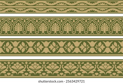 Vector gold and green seamless national Indian ornament. endless border, ethnic hindu frame. Mumbai
