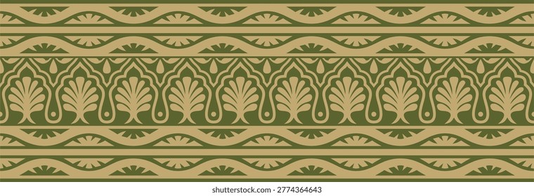 Vector gold and green seamless national Indian ornament. endless border, ethnic hindu frame. Mumbai
