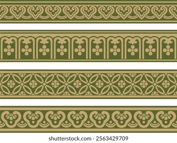 Vector gold and green set of seamless Chinese borders. Endless ornaments of oriental peoples, korea, taiwan, china, hong kong, indonesia
