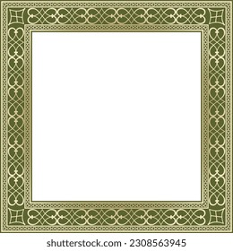 Vector gold and green square classic renaissance ornament. Endless european border, revival style frame.
