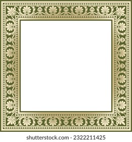 Vector gold and green square classic renaissance ornament. Endless european border, revival style frame.
