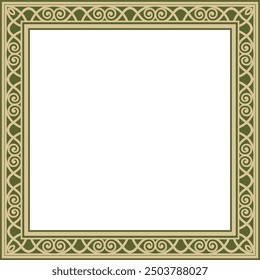 Vector gold and green square classic renaissance ornament. Endless european border, revival style frame.
