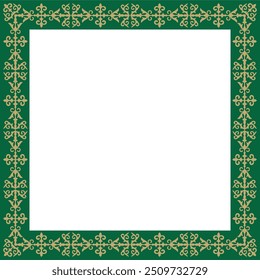 Vector gold with green square Kazakh national ornament. Ethnic pattern of the peoples of the Great Steppe,
