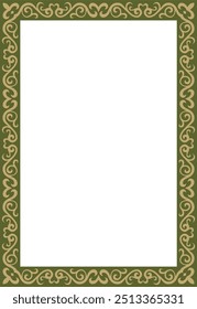 Vector gold with green square Kazakh national ornament. Ethnic pattern of the peoples of the Great Steppe,
