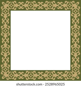 Vector gold with green square Kazakh national ornament. Ethnic pattern of the peoples of the Great Steppe,
