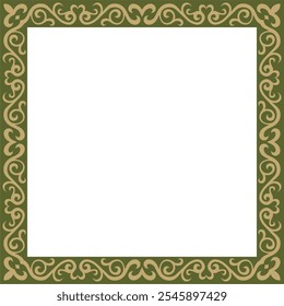 Vector gold with green square Kazakh national ornament. Ethnic pattern of the peoples of the Great Steppe,
