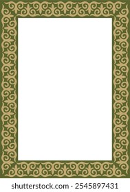 Vector gold with green square Kazakh national ornament. Ethnic pattern of the peoples of the Great Steppe,
