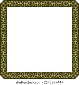 Vector gold with green square Kazakh national ornament. Ethnic pattern of the peoples of the Great Steppe,
