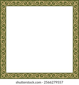 Vector gold with green square Kazakh national ornament. Ethnic pattern of the peoples of the Great Steppe,
