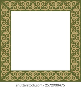 Vector gold with green square Kazakh national ornament. Ethnic pattern of the peoples of the Great Steppe,
