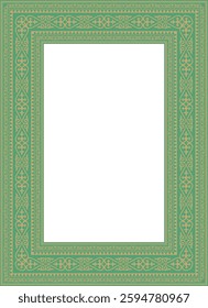 Vector gold with green square Kazakh national ornament. Ethnic pattern of the peoples of the Great Steppe,
