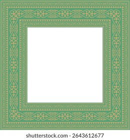 Vector gold with green square Kazakh national ornament. Ethnic pattern of the peoples of the Great Steppe,
