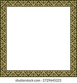 Vector gold with green square Kazakh national ornament. Ethnic pattern of the peoples of the Great Steppe,
