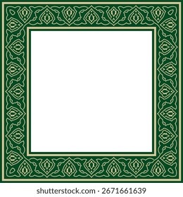 Vector de oro con adorno nacional turco cuadrado verde. Frontera otomana, marco. Rectángulo floral étnico, patrón de turcos selyúcidas. Decoración de los palacios del sultán.
