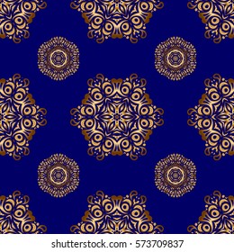 Vector gold grill on a blue background. Beautiful artdeco template with elements in gold gradient. Golden abstract geometric seamless pattern. Art deco style, trendy vintage design element.