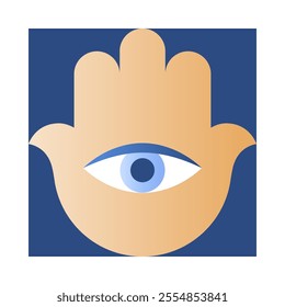 Vector gold hamsa emblem.Hand with open eye..Jewish ahd arabic amulet icon in blue,gold and white colors.Jewish festival of lights symbol for prints,covers,invitations,social media.