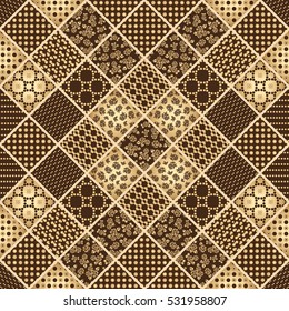 Vector gold hand drawn seamless patchwork pattern with floral ornaments, stylized flowers, dots, plants and lace. Vintage boho style.
