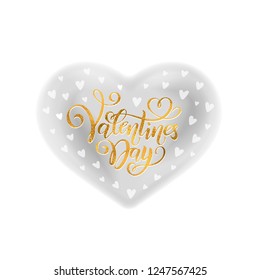 Vector gold handwritten lettering Happy Valentines Day. Calligraphy on gray scale watercolor stain background with hearts. Isolated text Happy Valentine's Day in one big watercolor effect heart shape.