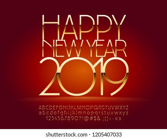 Vector gold Happy New Year 2019 Greeting Card with Alphabet set of Letters, Symbols and Numbers. Elegant Chic Font.