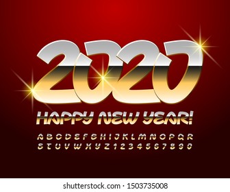 Vector gold Happy New Year 2020 Greeting Card with Alphabet set of Letters and  Symbols. Luxury stylish Font.