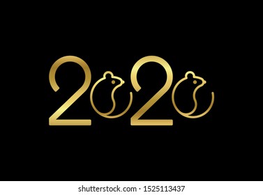 Vector gold Happy new year 2020 logo wallpaper. 2020 vision with mouse icons. Seasonal holidays flyers, greetings and invitations cards, merry christmas congratulations and banners.