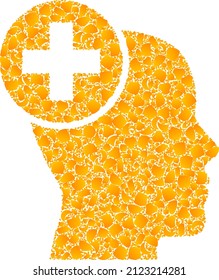 Vector gold head treatment mosaic icon. Head treatment is isolated on a white background. Golden items mosaic based on head treatment icon.