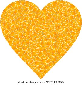 Vector gold heart mosaic icon. Heart is isolated on a white background. Gold particles mosaic based on heart icon. Mosaic heart iconic image is done with yellow parts.