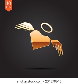 Vector gold heart with wings icon isolated on dark background. Eps10