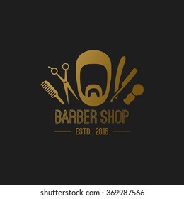 Vector gold hipster barber shop logo, badge. Beard, scissors, razor, brush, comb.